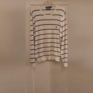 Polo by Ralph Lauren Cream and Navy Striped Crewneck Sweater, XL